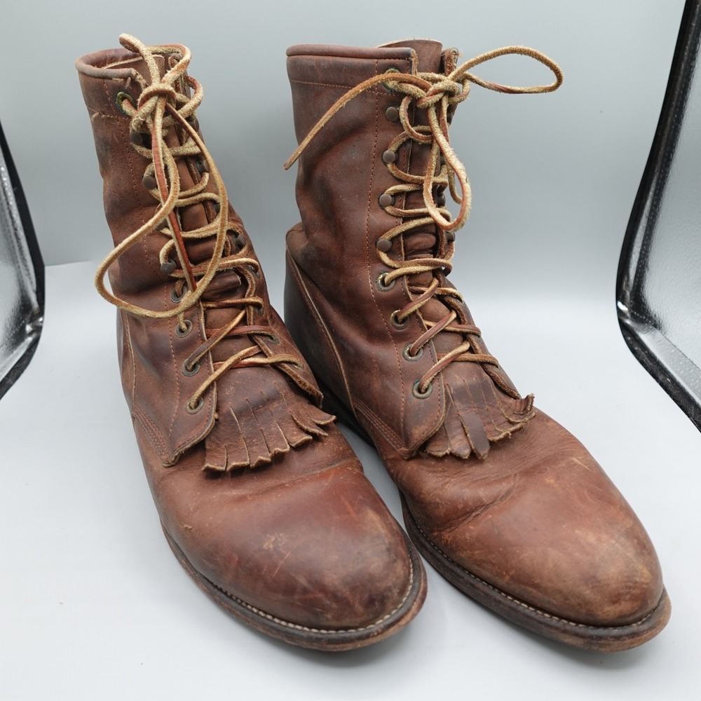 Justin 545 Boots Mens 10 D Brown Leather Lace Up Kiltie Cowboy Farm Ranch Roper